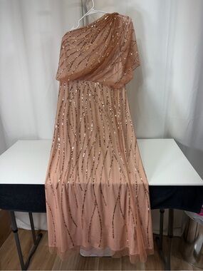 Adrianna Papell Rose Gold One-Shoulder Sequin Evening Gown 3458